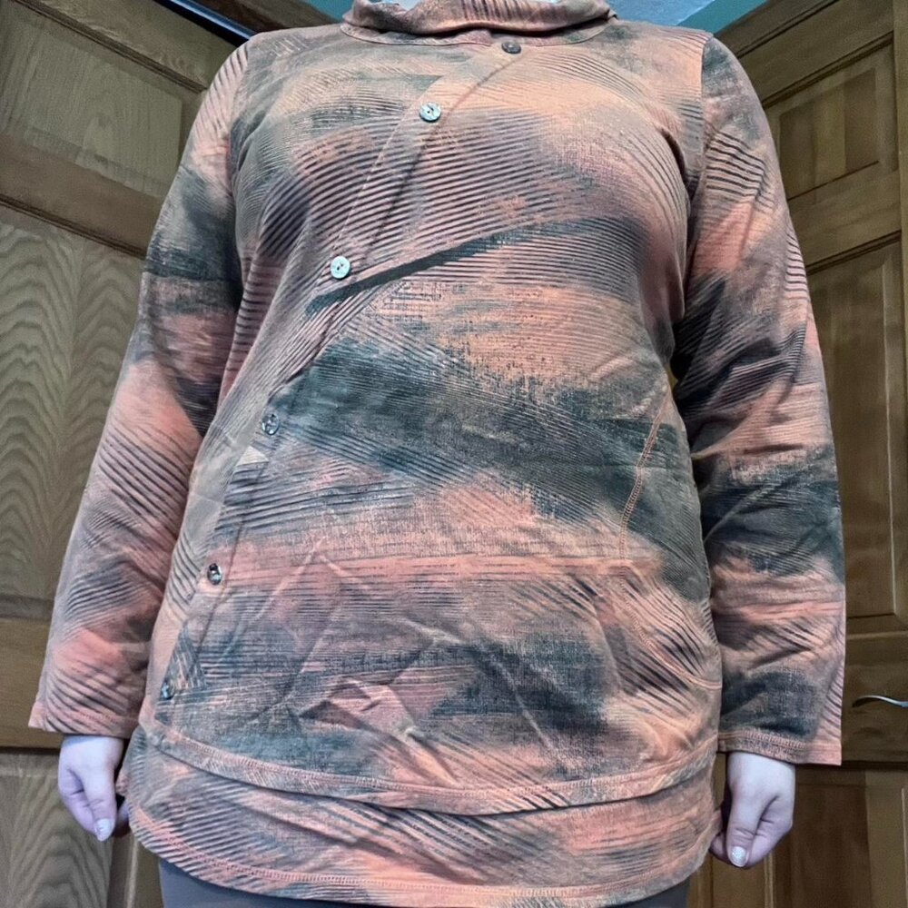NWT Color Me Cotton Orange and Black Patterned Button-Up Sweater w a‎ Cowl Neck